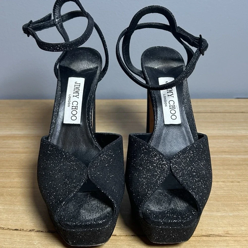 Jimmy Choo London Made in Italy Black Glitter Sacaria Block Platform Sandals